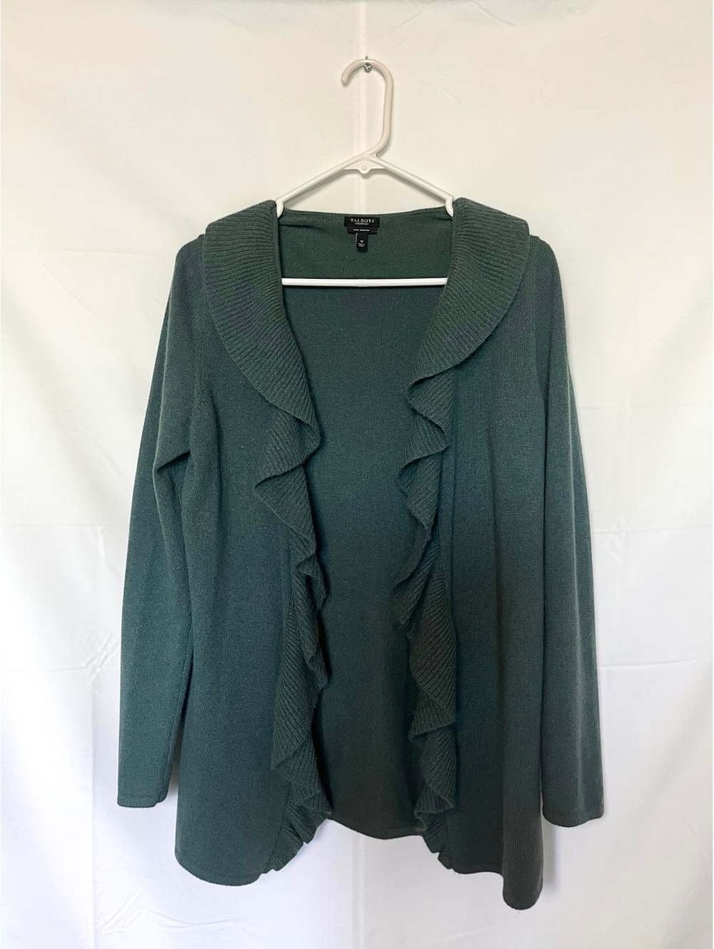 Talbots Pure Cashmere Open Front Ruffle Collar Cardigan Green Sz M Soft Luxury